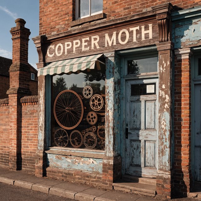 An old roadside bicycle workshop beneath a faded striped awning, rusted tools displayed in the window, with "COPPER MOTH" painted in cream block letters across the weathered wooden fascia, afternoon sunlight catching peeling turquoise paint. — Recraft v4 Pro