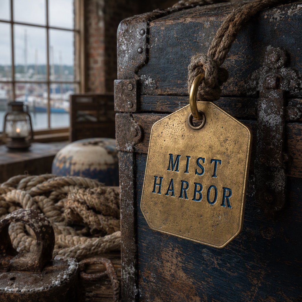 A brass luggage tag hangs from a weathered sea chest in a harbor loft, its face bearing “MIST HARBOR” in deeply stamped blue capitals; ropes and salt-crusted fittings surround it, with no other writing visible. — GPT Image 2