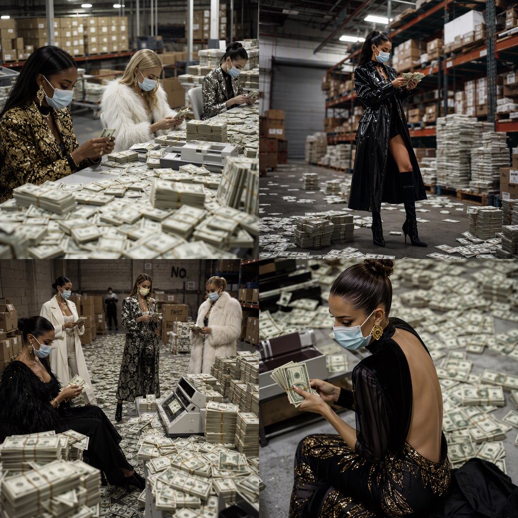 Adult women wearing masks (the kind you wear when you have a cold), in a warehouse, all wearing the kinds of outfits you would see models wear on a runway, counting lots of money (money is seen everywhere, on tables, on the floor, etc.). At least 4 different POVs. — GPT Image 2