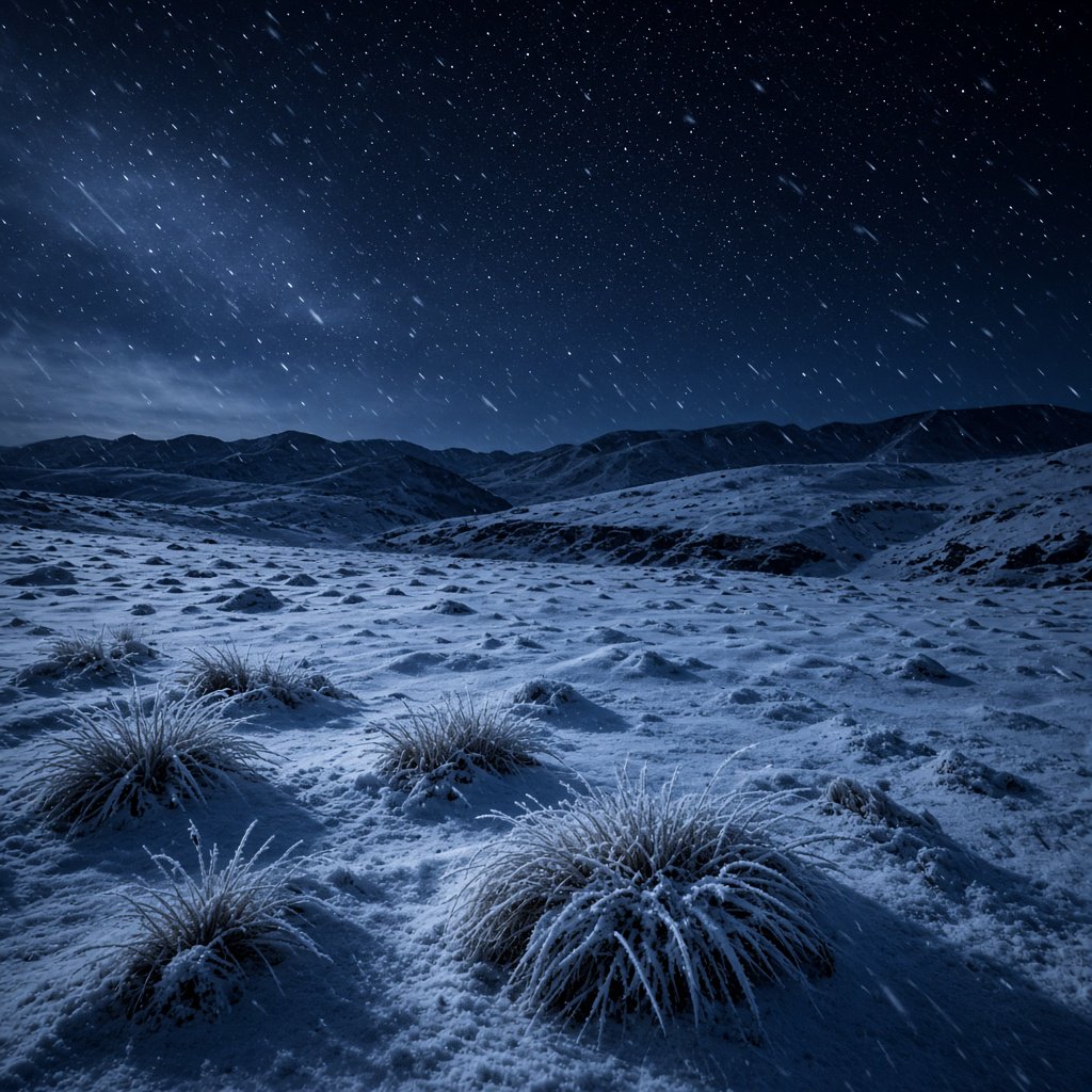 Moonlight washes a snowbound high plateau beneath sharp stars, while dry flurries cross the midnight air; frost feathers the foreground tussocks, and dark, rolling ridgelines recede into a blue-black distance. — Grok Imagine Image 2