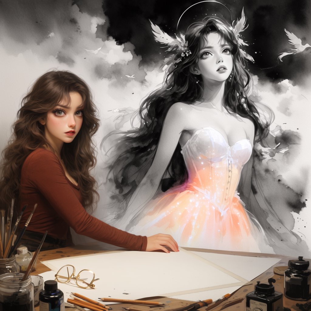 Heaven above, earth below. Ink-painting studio. Chinese painting style. Alluring. Peerless adult beauty. Radiant. — Krea 2 Large