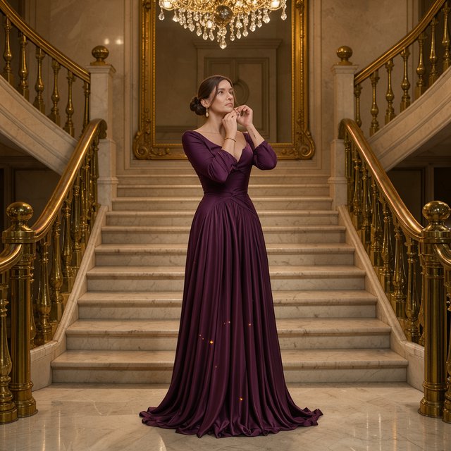 At the landing of a marble staircase, an adult woman in a plum evening gown pauses to fasten an earring, caught in warm chandelier light; polished brass rails and soft shadows lend the scene the poise of a fashion magazine. — FLUX 3 Image Klein
