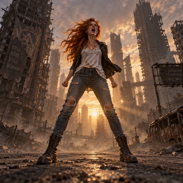 Fantasy fashion mood establishing image of a young woman on an endless street in a pose. Shot on a full-frame camera with an ultra-wide lens at f/2.0, from a very low perspective with a big up-tilt. The woman is centered in the mid-lower third of the frame. Woman: 22 years old, fair skin with slight freckles on her cheeks and nose, orange, messy, very long hair flying in the wind. Dressed in a pair of ripped blue slim jeans, a white baggy tank top, and a black short-waisted jacket moving in the wind; on her feet, you see a pair of old brown leather army boots. Background: an endless street in a post-apocalyptic metropolitan city with huge, destroyed high-rise buildings. There is a slight static fog in the air that is only moving at the woman's feet. Lighting: sunset, with the sun directly behind the woman, creating sunbeams crossing the fog and a soft, warm rim light on her body and flying hair. Pose: the woman is in a full-frontal, wide stance with her feet shoulder-width apart, screaming angrily at what's coming. — Model 4