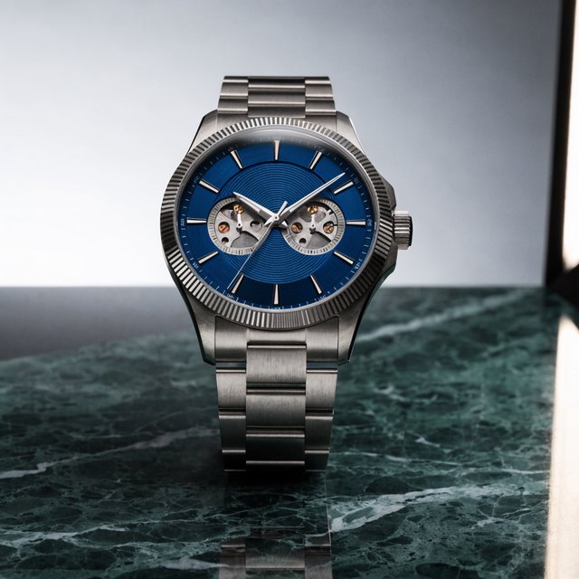 Commercial product photograph of an unbranded mechanical wristwatch with a brushed titanium case and deep blue enamel dial, resting on dark green marble against a soft gray background, illuminated by a large diffused softbox and narrow edge light. — Recraft v4