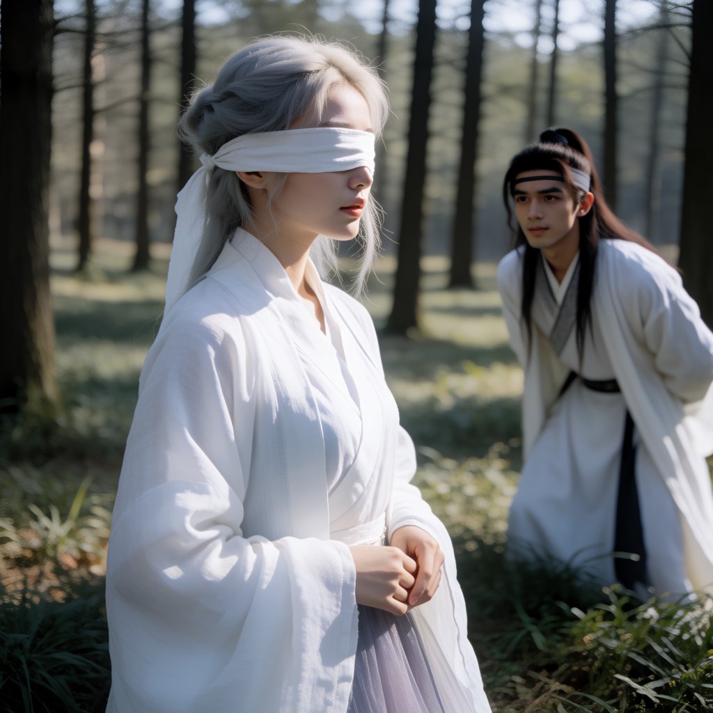 A beautiful young adult woman in flowing white hanfu stands quietly in a sparse forest, blindfolded with a soft white cloth. Grass surrounds her feet, and the scene feels calm, mysterious, and poetic. A few steps behind her stands a young adult male Taoist in traditional robes, gazing at her with a mesmerized, captivated expression. Gentle natural light filters through the thin trees, creating an ethereal atmosphere. Cinematic, elegant, emotionally evocative. — Krea 2 Medium