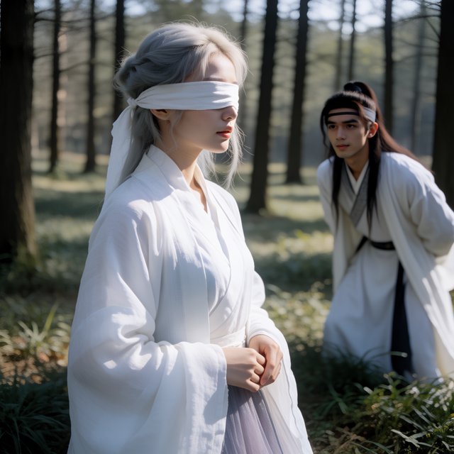 A beautiful young adult woman in flowing white hanfu stands quietly in a sparse forest, blindfolded with a soft white cloth. Grass surrounds her feet, and the scene feels calm, mysterious, and poetic. A few steps behind her stands a young adult male Taoist in traditional robes, gazing at her with a mesmerized, captivated expression. Gentle natural light filters through the thin trees, creating an ethereal atmosphere. Cinematic, elegant, emotionally evocative. — Krea 2 Medium