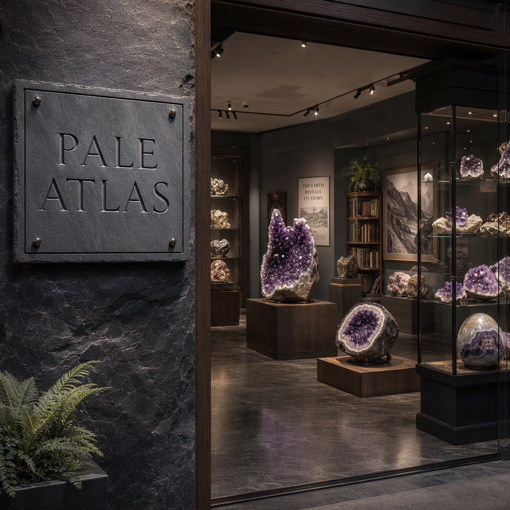 Within a quiet mineral gallery, amethyst clusters and polished geodes catch pools of light; "PALE ATLAS" is carved in clean capitals across a slate plaque beside the entrance. — GPT Image 2