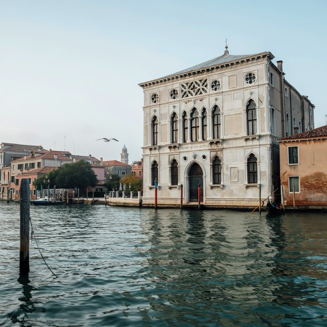 Exterior of a Venetian Gothic opera house beside a quiet canal, pale Istrian limestone, pointed arches, quatrefoil tracery, and a steep slate roof; cool morning light, viewed from across the water, crisp masonry lines and believable structure. — Ideogram v4