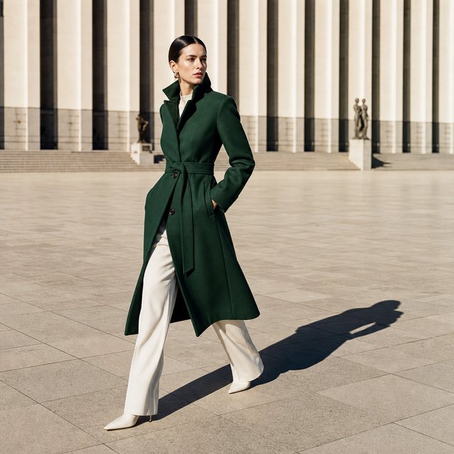 Full-length fashion editorial: model in a structured emerald wool coat and white trousers walking across a wide empty plaza, harsh midday sun, long shadow. — GPT Image 2