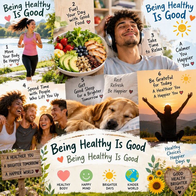 An image relating to good health and happiness. The words “Being Healthy Is Good” appear in the background at least a couple of times. 4–7 moments. — GPT Image 2.5 Sunburst
