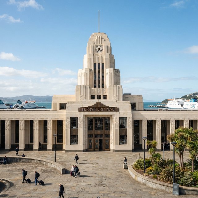 Exterior of a coastal Art Deco ferry terminal, cream limestone, dark bronze window frames, stepped geometric tower and sheltered arcade, late-morning sunlight casting sharp shadows, viewed from across a windswept stone forecourt, realistic architectural photography with precise lines and plausible structure. — Nano Banana 2 Lite