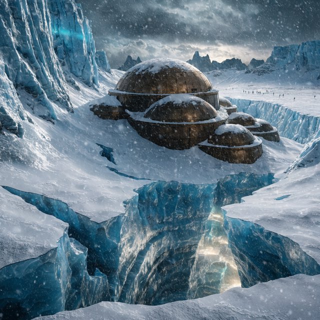 An abandoned observatory carved into a glacier, its bronze domes protruding from blue ice, aurora light filtering through crevasses, tiny adult explorers on a distant ridge emphasizing immense scale, drifting snow and deep polar shadows. — Recraft v4