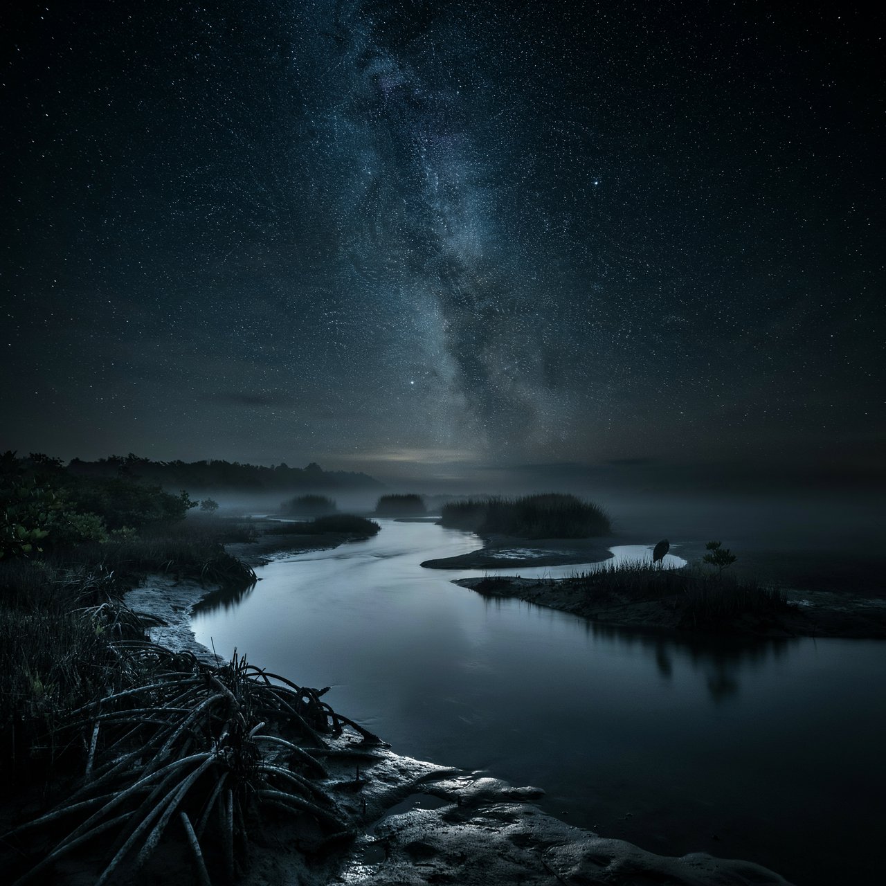 A mangrove delta spreads beneath a star-filled midnight sky after a humid shower; rain-beaded roots and fine silt ridges sharpen the foreground, while winding channels vanish among distant reed islands. — Ideogram v4