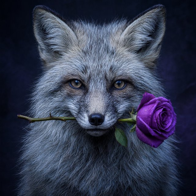 a silver fox holding a purple rose in its mouth, deep color, fantastical, intricate detail, splash screen, complementary colors, fantasy concept art — Model 18
