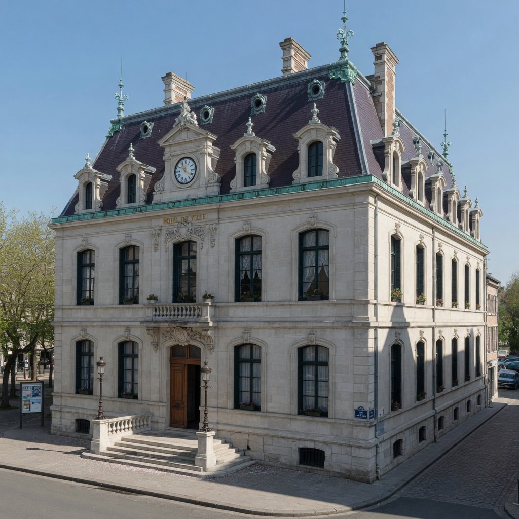 Exterior of a French Second Empire town hall with pale limestone, a dark mansard roof, copper cresting, and tall arched windows; clear spring light falls across the entrance terrace, viewed from the quiet street corner, precise lines and believable construction. — Grok Imagine Image Quality