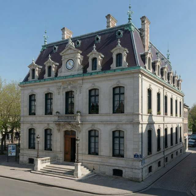 Exterior of a French Second Empire town hall with pale limestone, a dark mansard roof, copper cresting, and tall arched windows; clear spring light falls across the entrance terrace, viewed from the quiet street corner, precise lines and believable construction. — Grok Imagine Image Quality