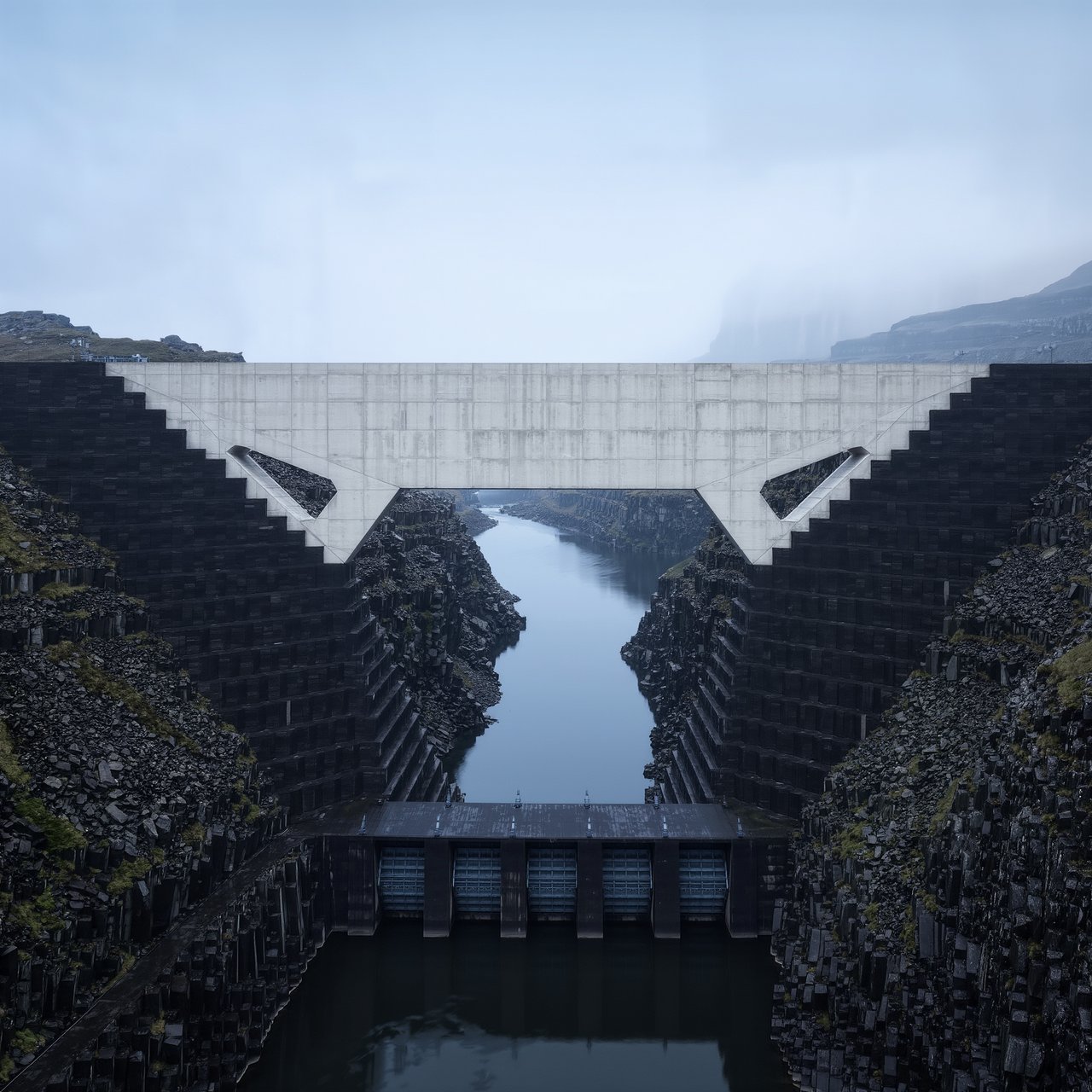 A broad hydroelectric dam in contemporary Brutalist engineering style spans a rocky gorge, its pale concrete face anchored by dark basalt abutments and steel gates; cool dawn light, viewed from downstream, with convincing load-bearing geometry. — Kling v3 Omni