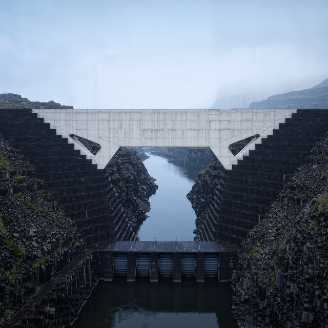A broad hydroelectric dam in contemporary Brutalist engineering style spans a rocky gorge, its pale concrete face anchored by dark basalt abutments and steel gates; cool dawn light, viewed from downstream, with convincing load-bearing geometry. — Model 10