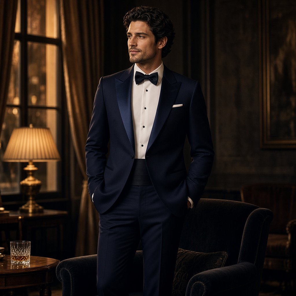 Editorial glamour photograph of an adult man in a midnight-blue tuxedo, standing naturally beside a velvet chair in a quiet hotel lounge, flattering amber window light, relaxed expression, polished magazine composition. — Grok Imagine Image 2