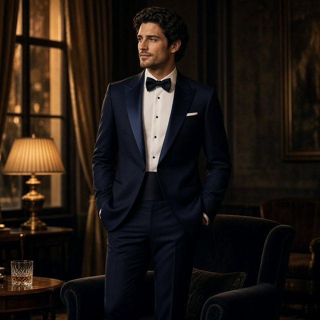 Editorial glamour photograph of an adult man in a midnight-blue tuxedo, standing naturally beside a velvet chair in a quiet hotel lounge, flattering amber window light, relaxed expression, polished magazine composition. — Grok Imagine Image 2