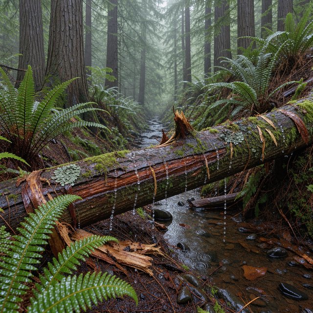 Between cedar trunks, a moss-covered fallen giant bridges a fern-filled ravine in steady dawn drizzle; shredded bark, rain-dark lichen, and tiny rivulets stand crisp nearby while successive trees dissolve into green mist. — FLUX 3 Image