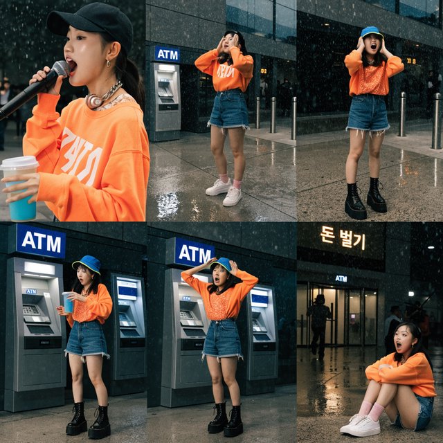 A pretty K-pop idol who is 19–21 years old at a music video shoot. The music video is for her hit song "돈 벌기" (Make Money). The setting of the music video relates to the song name. At least 4 scenes and many angles. — Recraft v4