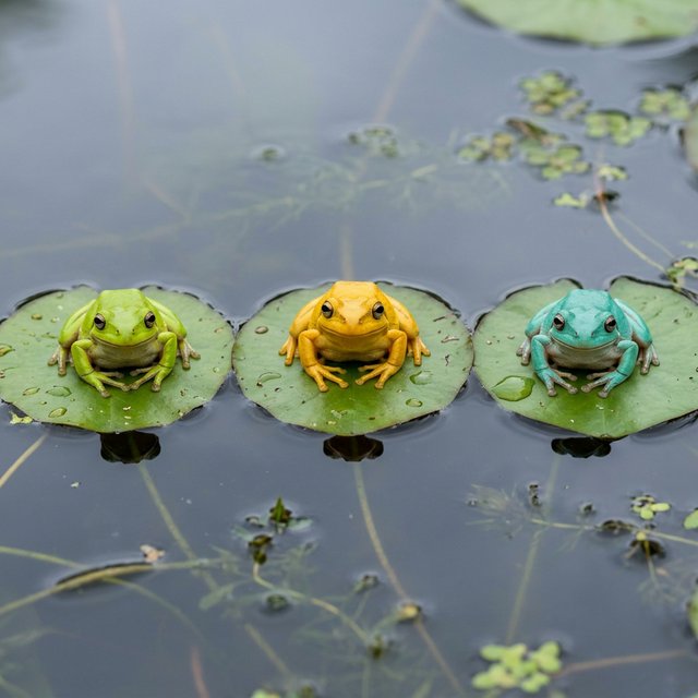 A still pond holds exactly three frogs on separate lily pads: a lime-green frog at the left, a golden-yellow frog in the center, and a turquoise frog at the right. All face forward; nothing else. — Model 15