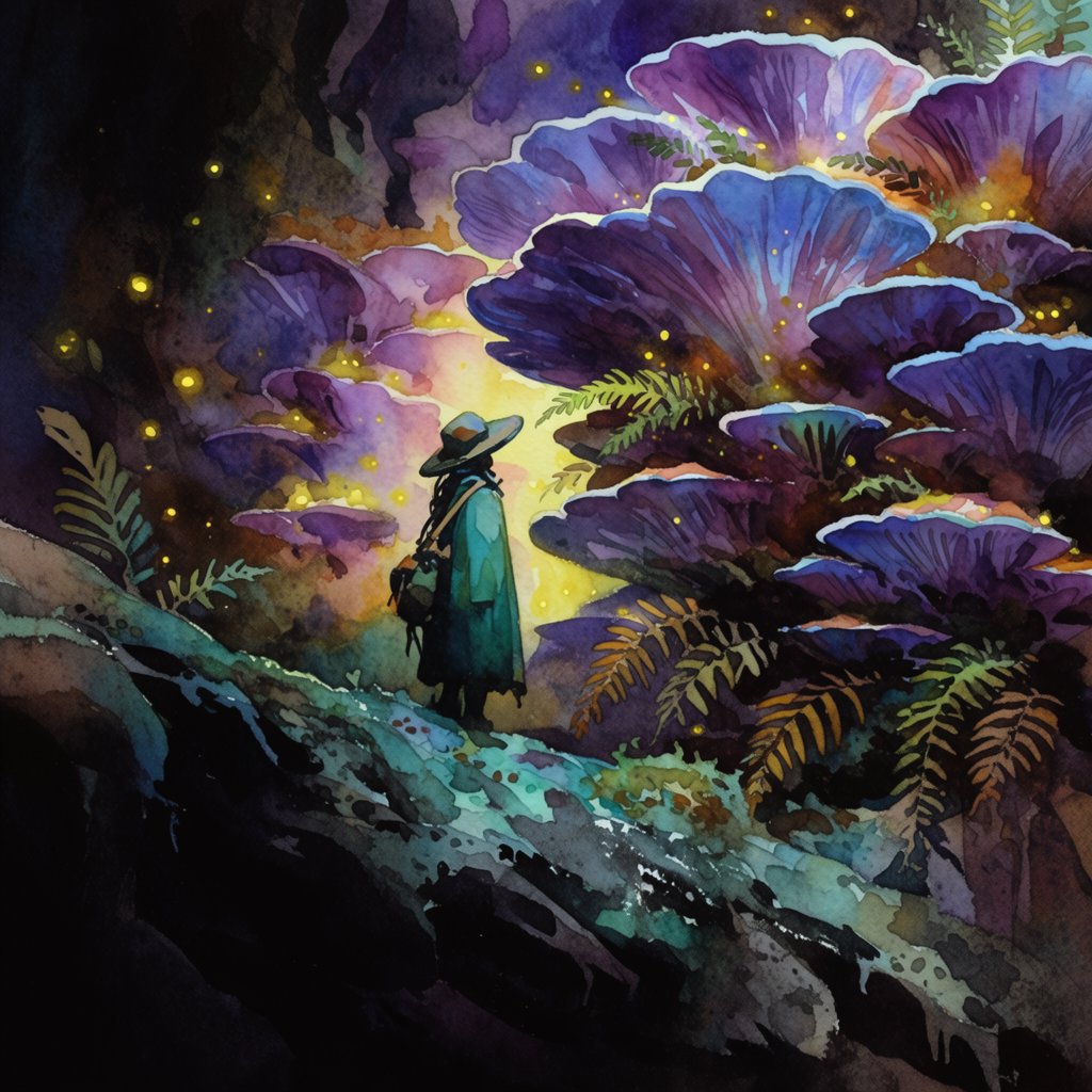 Watercolour illustration of an adult botanist studying luminous fungi in a misty cave, with fern fronds, glistening stone and drifting spores. Palette of jade, lilac, amber, and deep indigo, with translucent washes. — Krea 2 Large