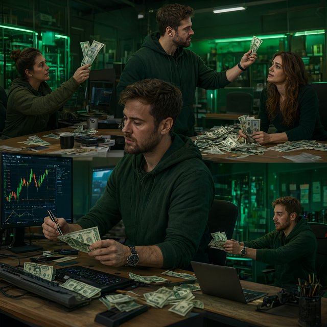 People making successful trades. A totally green day. Making a lot of money (life-changing money). At least 4 scenes. — Qwen Image 3.0 Pro