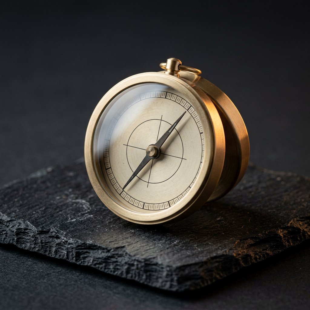 A compact brass pocket compass rests on black slate, its satin-metal casing and clear glass cover catching a broad diffused key and narrow warm rim light against a deep charcoal background; an unbranded commercial product image, blank face without lettering. — Nano Banana 2.1
