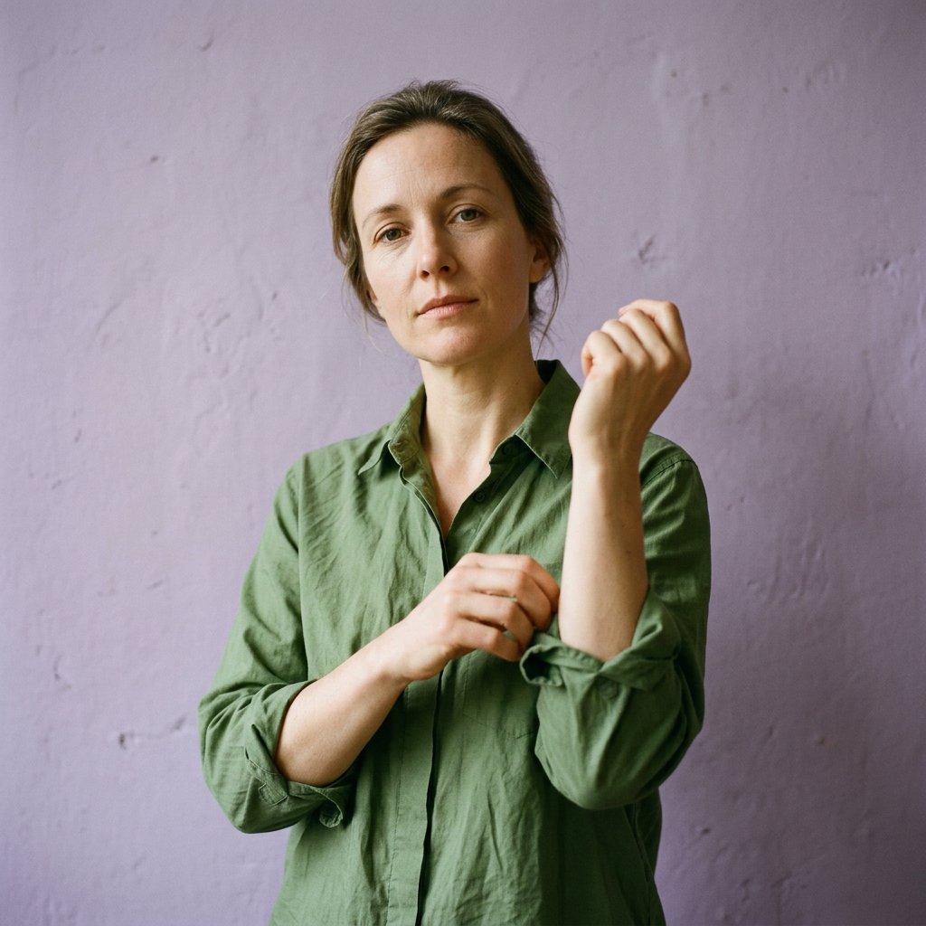 Portrait photograph of an adult woman in her late 30s wearing a moss-green cotton poplin shirt, fingers lightly turning its rolled cuff. Her calm, observant expression faces the camera against a chalky lavender backdrop, lit by soft diffused skylight. — Nano Banana 2.1