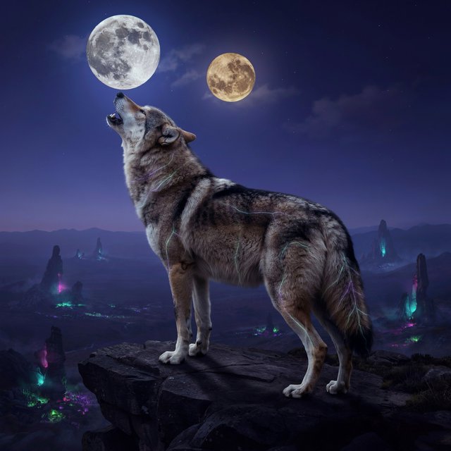 A solitary wolf, its fur subtly infused with shimmering, bio-luminescent patterns, howling at a sky filled with twin moons. The wolf stands on a cliff overlooking a vast, alien landscape dotted with strange, glowing rock formations and spectral, phosphorescent vegetation. — Ideogram v4.5