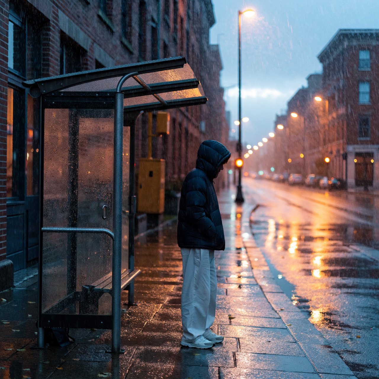 Candid documentary photograph of an adult waiting beside a city bus shelter at dawn, sodium streetlights fading into cool blue daylight, 50mm lens with shallow depth of field, fine rain droplets clinging to the shelter glass. — Recraft v4 Pro