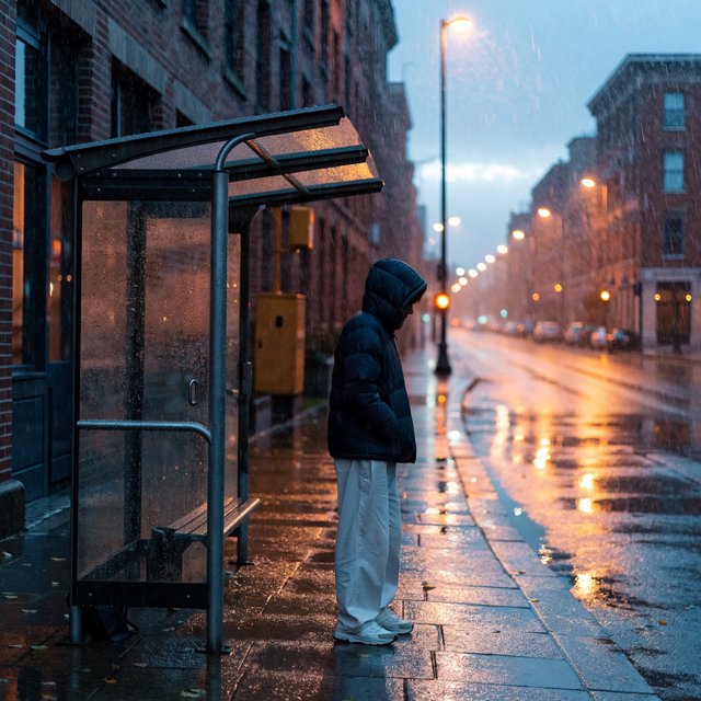 Candid documentary photograph of an adult waiting beside a city bus shelter at dawn, sodium streetlights fading into cool blue daylight, 50mm lens with shallow depth of field, fine rain droplets clinging to the shelter glass. — Recraft v4 Pro
