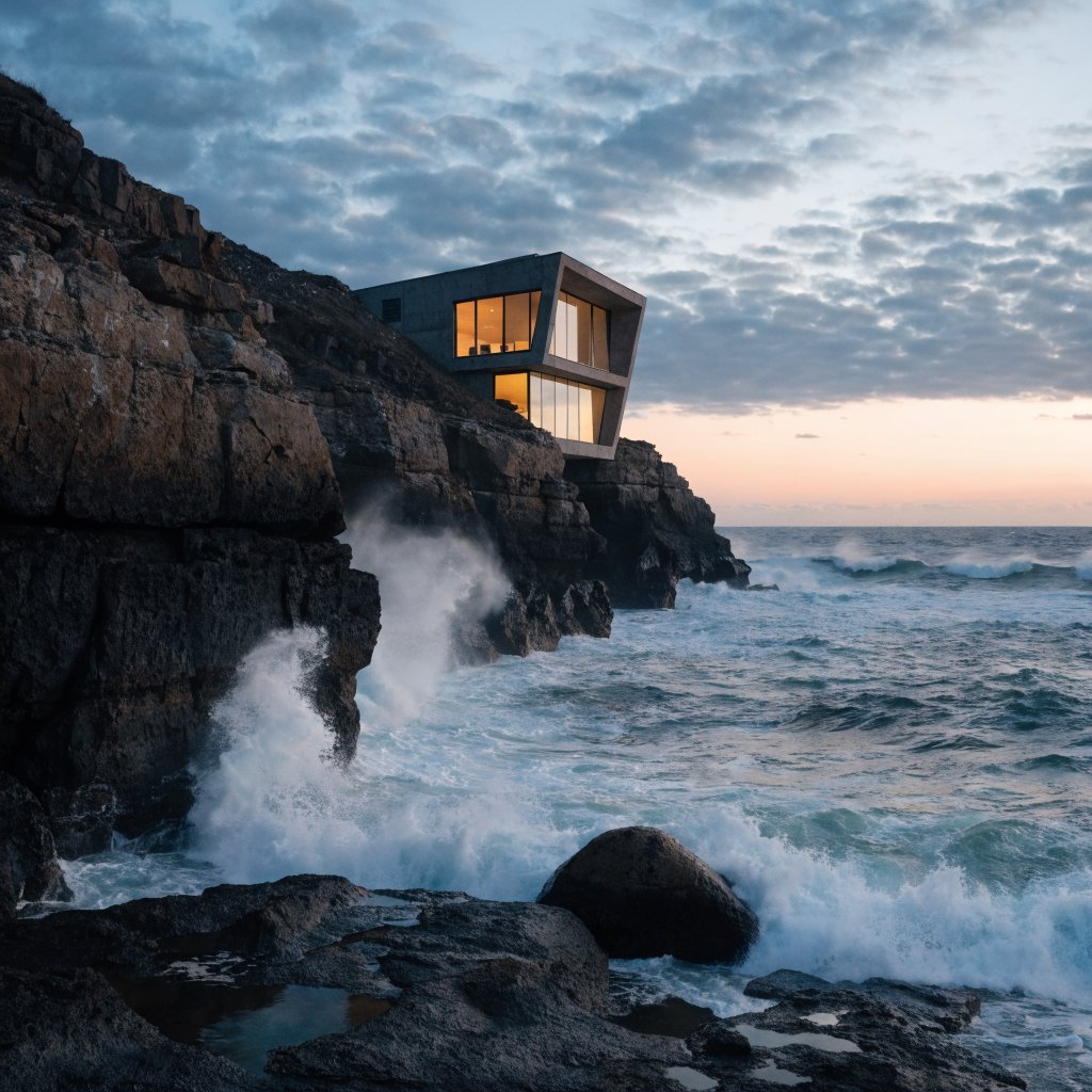 Exterior of a small concrete-and-glass house on a cliff above the sea, dusk, interior lights on, architectural photography. — Recraft v4