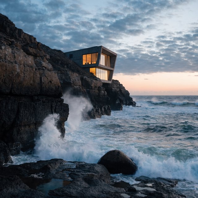 Exterior of a small concrete-and-glass house on a cliff above the sea, dusk, interior lights on, architectural photography. — Recraft v4