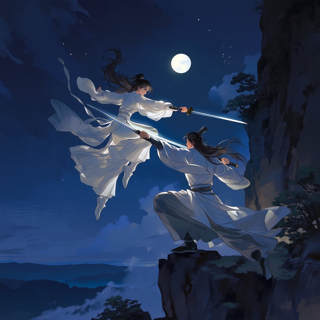Frontal cinematic shot of two adult martial artists dueling on a cliff at night in ancient China: a female swordswoman in flowing white hanfu is airborne in a dynamic combat pose, thrusting her sword forward, while a male swordsman in traditional Taoist robes firmly parries her attack with his own blade. Moonlit night, wind sweeping their garments and hair, dramatic cliffside setting, tense face-off, elegant wuxia atmosphere, vivid motion, visually striking. — Midjourney Niji 7