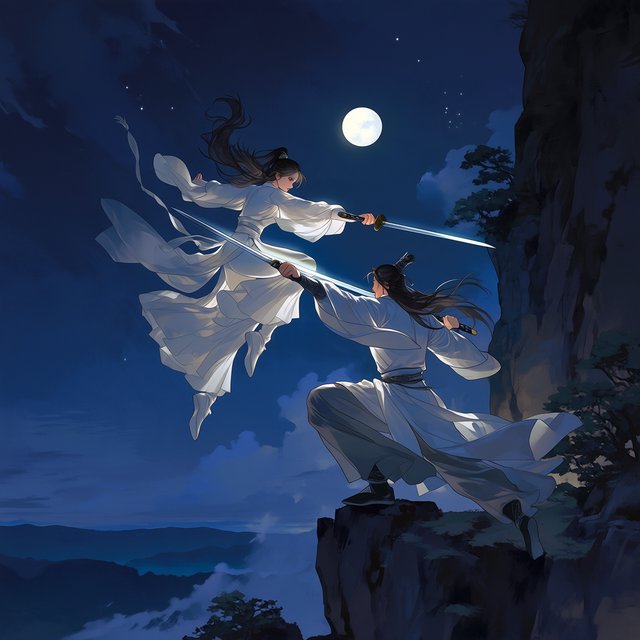 Frontal cinematic shot of two adult martial artists dueling on a cliff at night in ancient China: a female swordswoman in flowing white hanfu is airborne in a dynamic combat pose, thrusting her sword forward, while a male swordsman in traditional Taoist robes firmly parries her attack with his own blade. Moonlit night, wind sweeping their garments and hair, dramatic cliffside setting, tense face-off, elegant wuxia atmosphere, vivid motion, visually striking. — Midjourney Niji 7