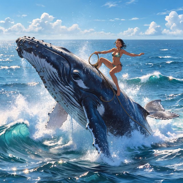 Anime-style illustration of an adult young woman confidently balancing on the broad back of a massive humpback whale as it swims across the open ocean. She wears a stylish two-piece bikini appropriate for a sunny tropical setting, with wet hair and subtle water droplets catching the light. One hand grips a sturdy tether secured near the whale's dorsal area, using it to maintain her balance as the whale moves through the waves, while her other arm extends naturally for stability. The whale is enormous and majestic, its dark blue-gray skin covered in realistic texture, scars, and subtle highlights. Its powerful body breaks partially above the rolling ocean surface, creating a sweeping trail of white foam and spray behind it. The woman looks exhilarated and joyful, her expression conveying adventure and freedom rather than fear. Vast open sea stretches toward the horizon beneath a brilliant blue sky with scattered white clouds. Sunlight sparkles across the water — ImagineArt 2