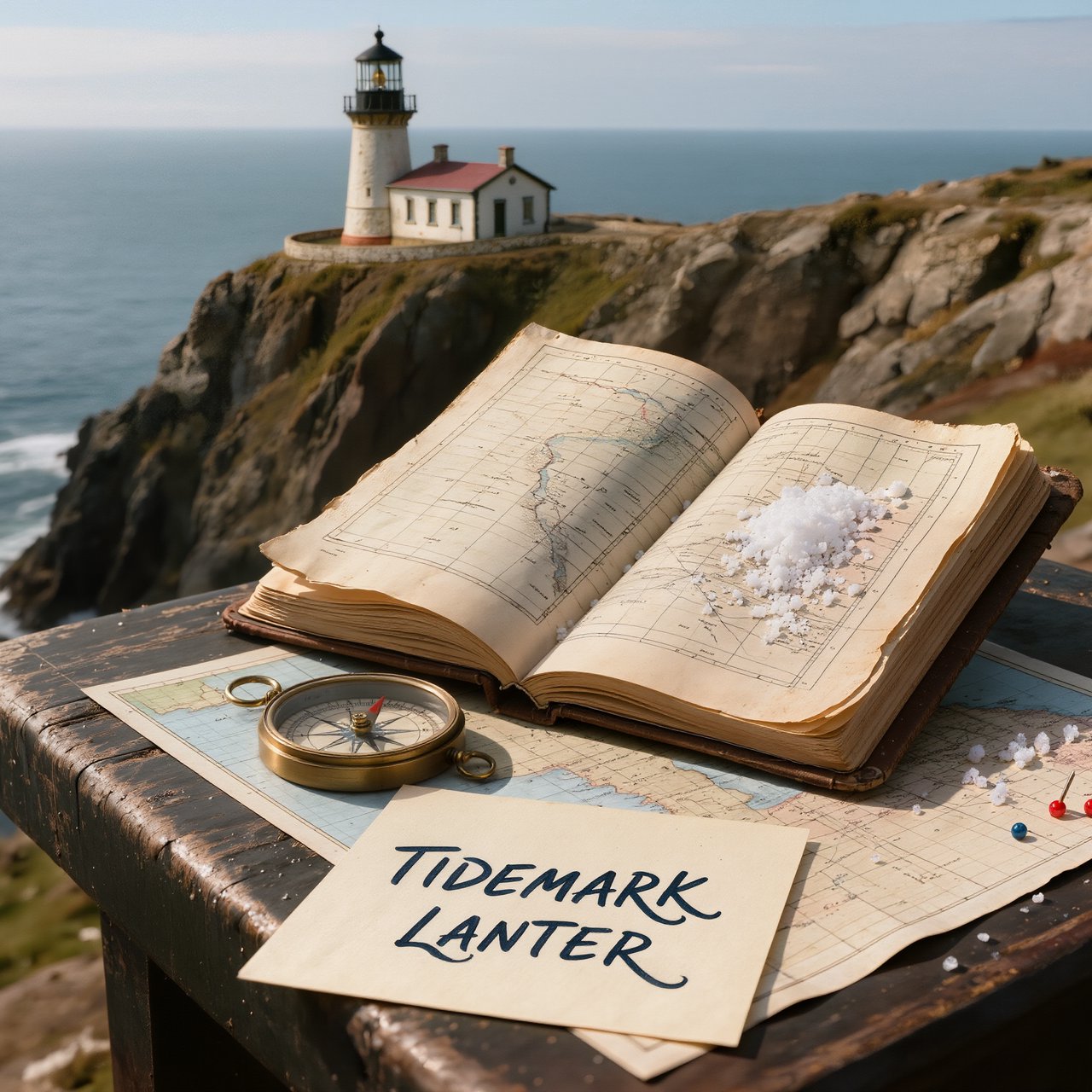 Beside a cliffside lighthouse, a salt-speckled logbook lies open on a chart table; "TIDEMARK LANTERN" is handwritten in looping dark-blue ink across a cream note tucked beneath the compass, with no other legible writing. — Kling v3
