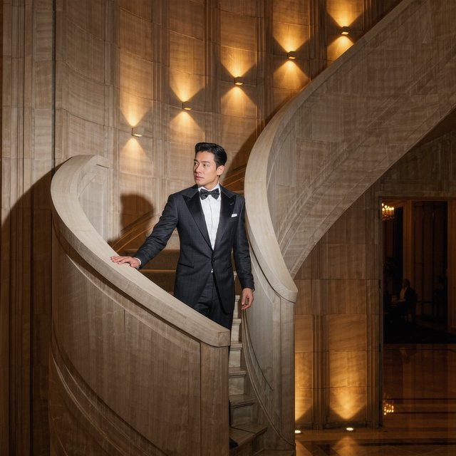 A tall adult man in a charcoal evening suit pauses halfway down a sweeping hotel staircase, caught glancing toward the ballroom as amber sconces cast sculpted light across stone; crisp tailoring and composed fashion-magazine polish. — Model 10