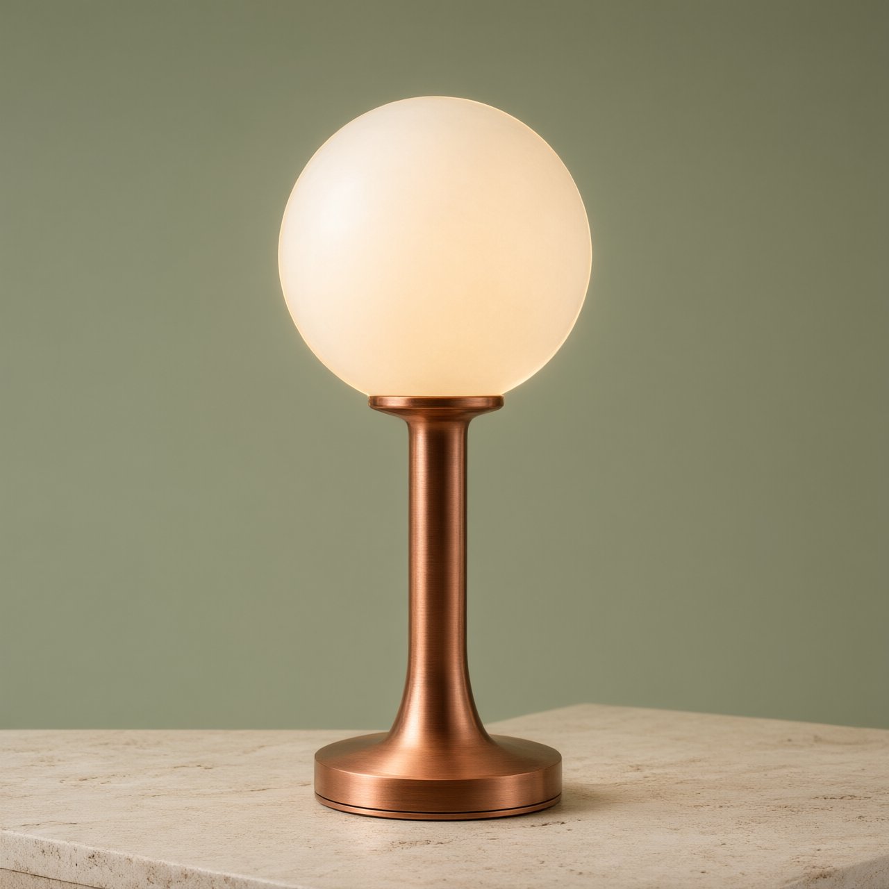 Commercial product photograph of an unbranded sculptural desk lamp with a frosted opal glass globe and brushed copper stem, standing on a pale travertine surface against a muted sage background, illuminated by soft overhead diffusion and a delicate warm rim light. — Qwen Image 3.0