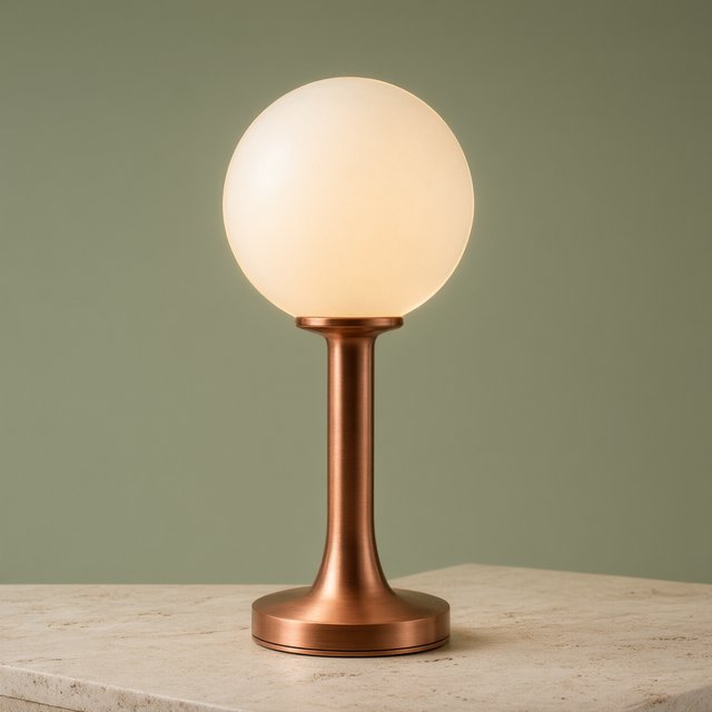 Commercial product photograph of an unbranded sculptural desk lamp with a frosted opal glass globe and brushed copper stem, standing on a pale travertine surface against a muted sage background, illuminated by soft overhead diffusion and a delicate warm rim light. — Qwen Image 3.0