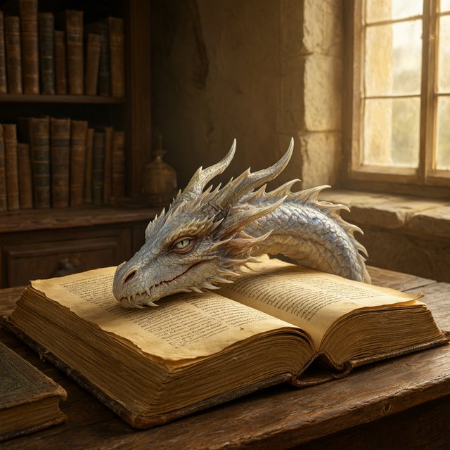 A mystical dragon's head, slender and dreamy, rests upon the yellowed pages of an ancient tome, the cover worn and mysterious, as soft warm light pours in through a nearby window, casting a serene ambiance, the air thick with the scent of old parchment and forgotten knowledge. — Qwen Image 3.0 Pro