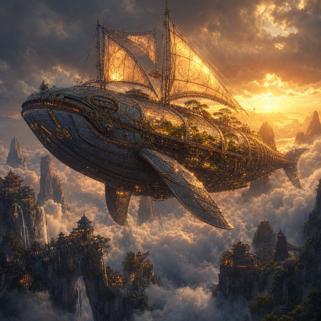 A vast, whale-shaped sky barge sails between mountain spires, its copper ribs supporting gardens and glowing sailcloth. Below, cloud rivers curl around tiny cliff villages as sunset pours through storm breaks, outlining the vessel in molten gold. — GPT Image 2