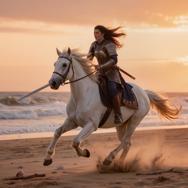 An adult female warrior on her white steed galloping along a fine-sand beach at sunset. — Kling v3