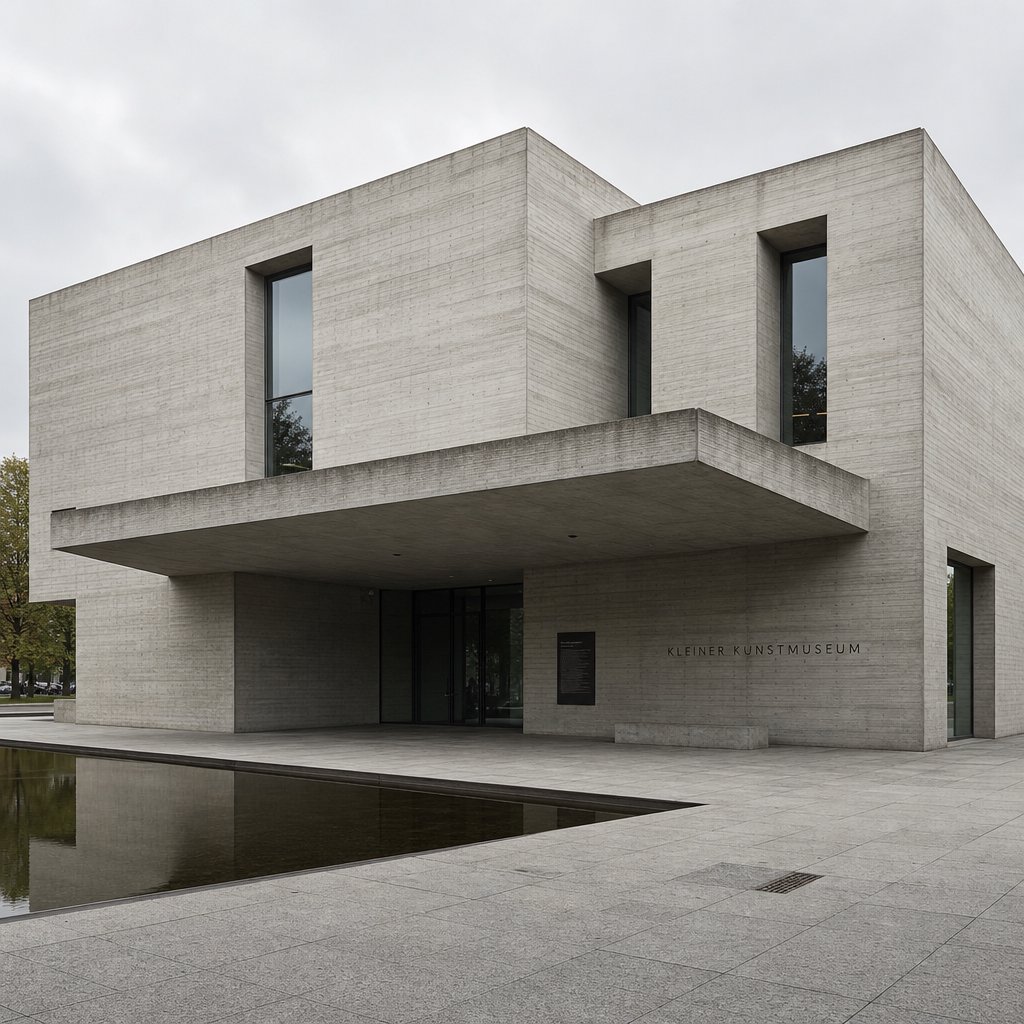 Exterior of a compact brutalist art museum, pale board-formed concrete, deep rectangular window recesses, a broad cantilevered entrance canopy, low reflecting pool, overcast afternoon light, viewed from a quiet plaza at eye level, crisp orthogonal architectural photography. — GPT Image 2