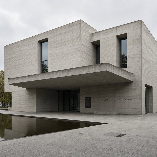Exterior of a compact brutalist art museum, pale board-formed concrete, deep rectangular window recesses, a broad cantilevered entrance canopy, low reflecting pool, overcast afternoon light, viewed from a quiet plaza at eye level, crisp orthogonal architectural photography. — GPT Image 2