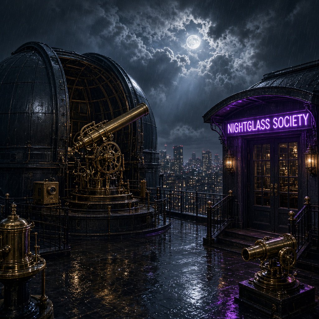 On a rain-darkened rooftop observatory, brass instruments gleam beneath a sliding dome while clouds part above the city; "NIGHTGLASS SOCIETY" glows in violet neon along the entrance canopy. — Grok Imagine Image 2