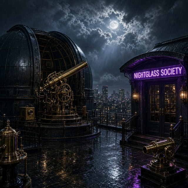 On a rain-darkened rooftop observatory, brass instruments gleam beneath a sliding dome while clouds part above the city; "NIGHTGLASS SOCIETY" glows in violet neon along the entrance canopy. — Grok Imagine Image 2